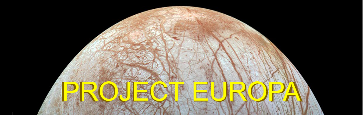 Project Europa in yellow text with a color image of Europa, a moon of Jupiter, in the background.